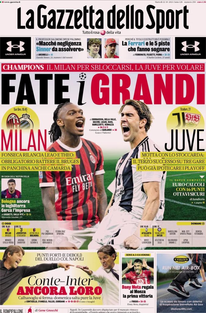 Rassegna stampa: prime pagine quotidiani sportivi - 22 ottobre 2024 27 la gazzetta dello sport 061413476