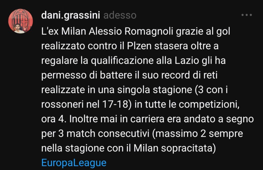 Romagnoli, gol anche in Lazio Plzen: l'ex Milan batte il record fatto in rossonero 27 WhatsApp Image 2025 03 14 at 13.15.47