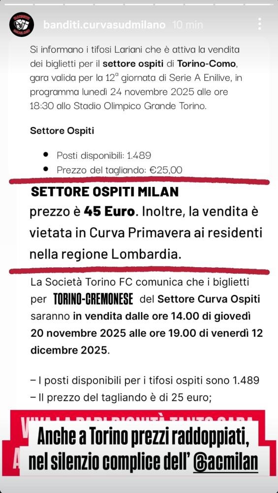 Curva Sud Milan, la protesta infuocata degli Ultras rossoneri: prezzi raddoppiati a Torino e l'accusa di silenzio complice al club 27 WhatsApp Image 2025 12 07 at 15.22.24