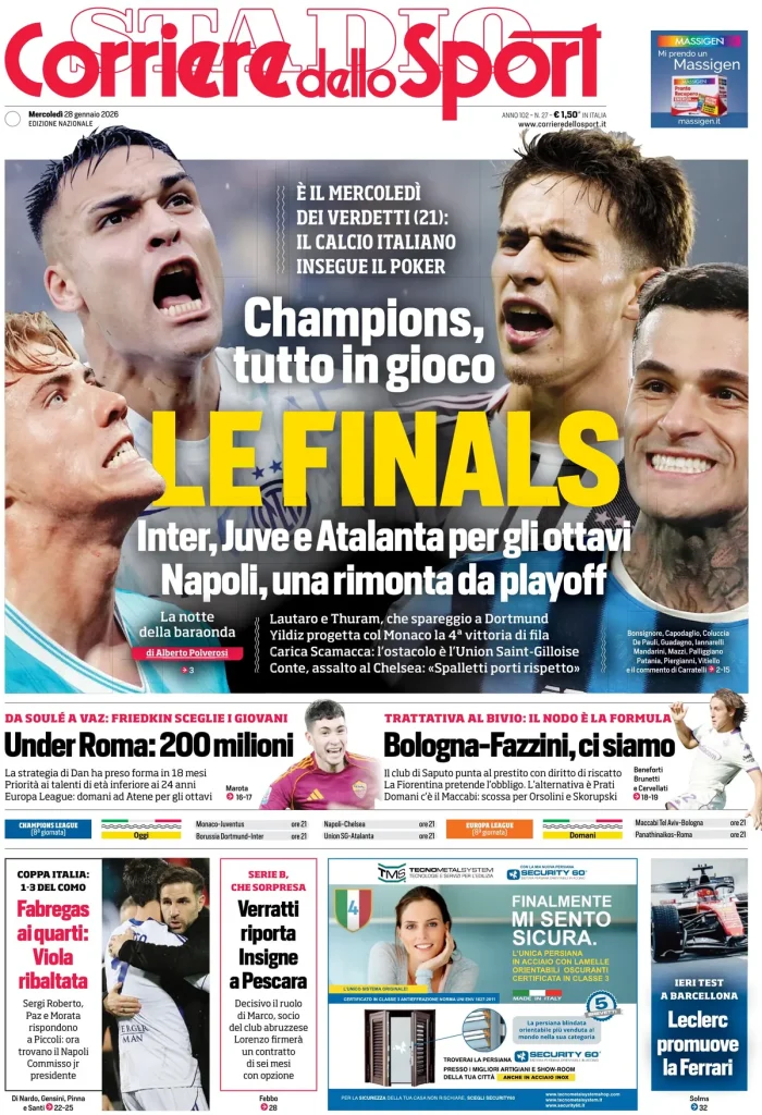 Prime pagine quotidiani sportivi – 28 gennaio 2026 3 corriere dello sport 0203133nmb0js