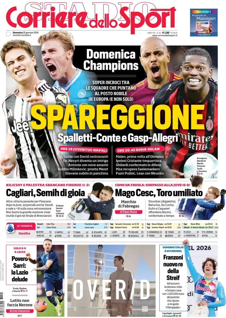 Prime pagine quotidiani sportivi – 25 gennaio 2026 3 corriere dello sport 02081382n179i