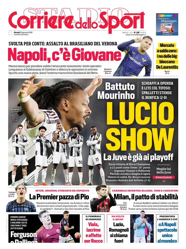 Prime pagine quotidiani sportivi – 22 gennaio 2026 4 corriere dello sport