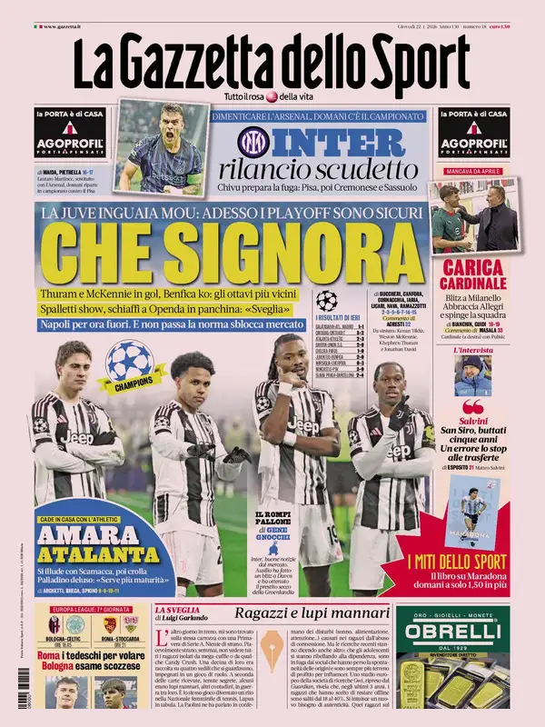 Prime pagine quotidiani sportivi – 22 gennaio 2026 3 la gazzetta dello sport