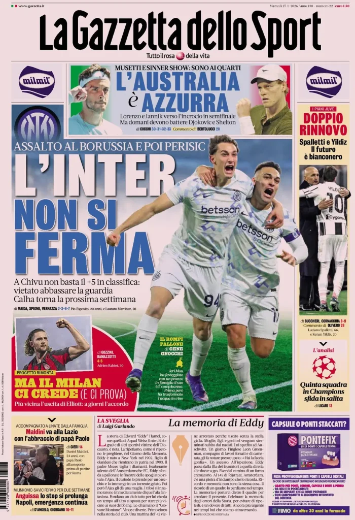 Prime pagine quotidiani sportivi – 27 gennaio 2026 2 la gazzetta dello sport 0318037obcpkg