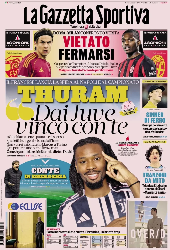 Prime pagine quotidiani sportivi – 25 gennaio 2026 2 la gazzetta dello sport 032303fz53vbi