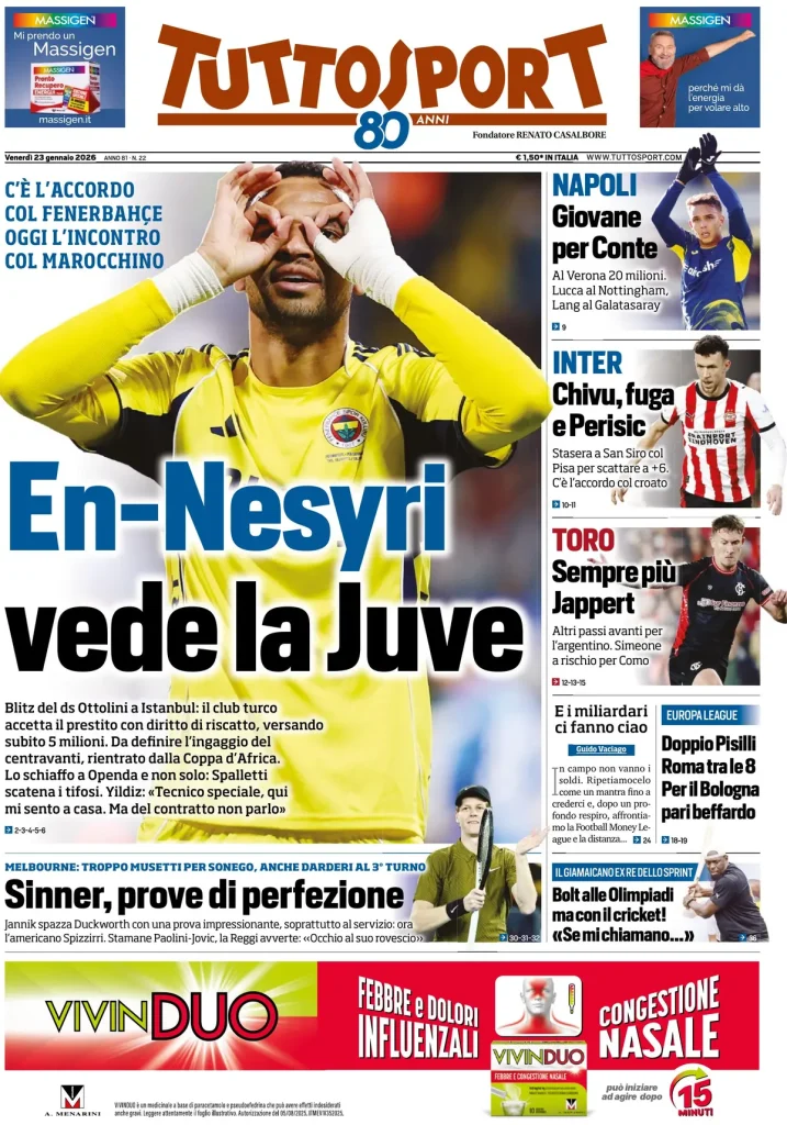 Prime pagine quotidiani sportivi – 23 gennaio 2026 4 tuttosport 020357pxa3zfo