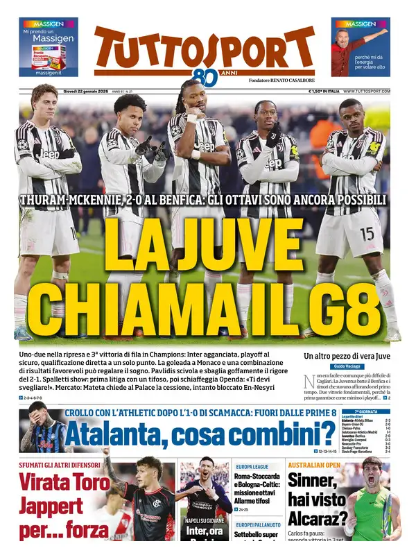 Prime pagine quotidiani sportivi – 22 gennaio 2026 2 tuttosport