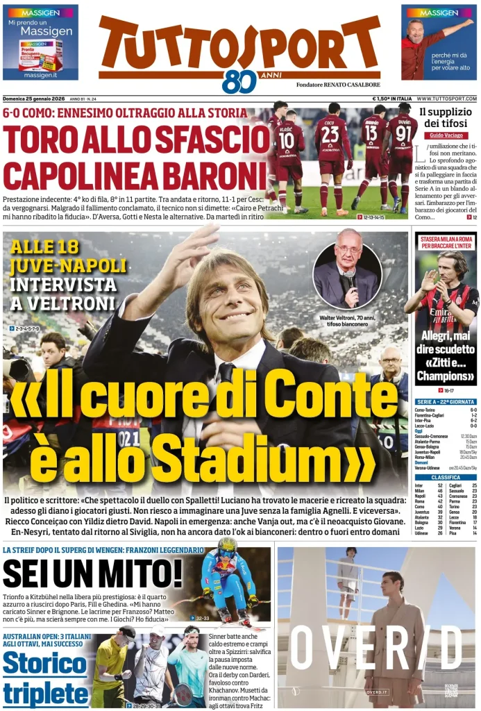 Prime pagine quotidiani sportivi – 25 gennaio 2026 4 tuttosport 0208044xr28uk