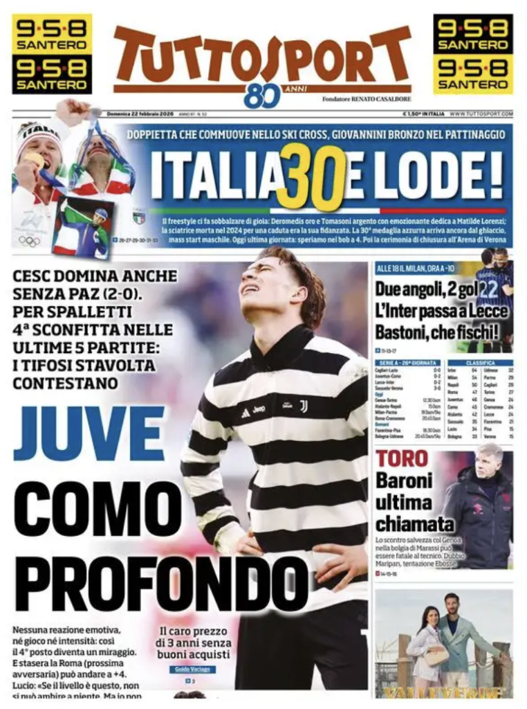 Le prime pagine dei principali quotidiani sportivi - 22 febbraio 2026 29 Screenshot 2026 02 22 alle 09.23.46