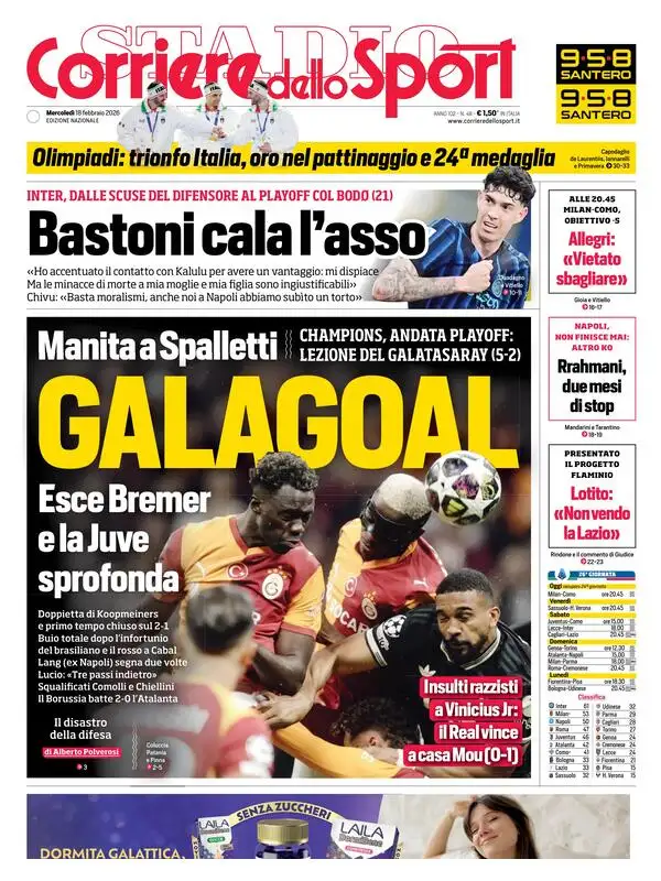 Le prime pagine dei principali quotidiani sportivi - 18 febbraio 2026 28 corriere dello sport