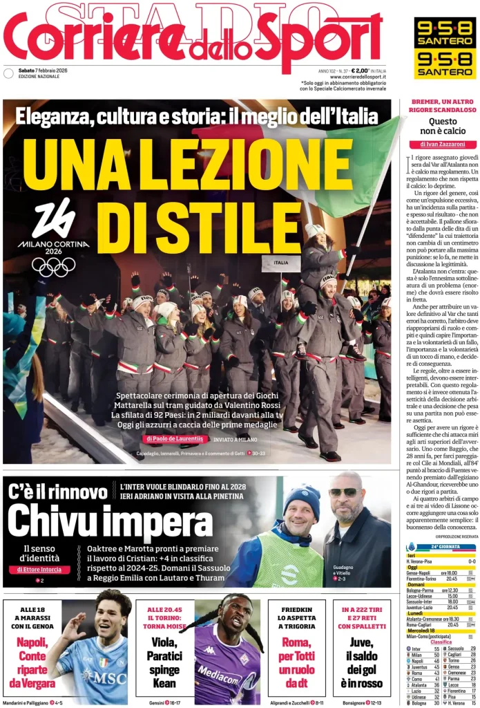 Le prime pagine dei quotidiani sportivi – 7 febbraio 2026 28 corriere dello sport 020312e61dria