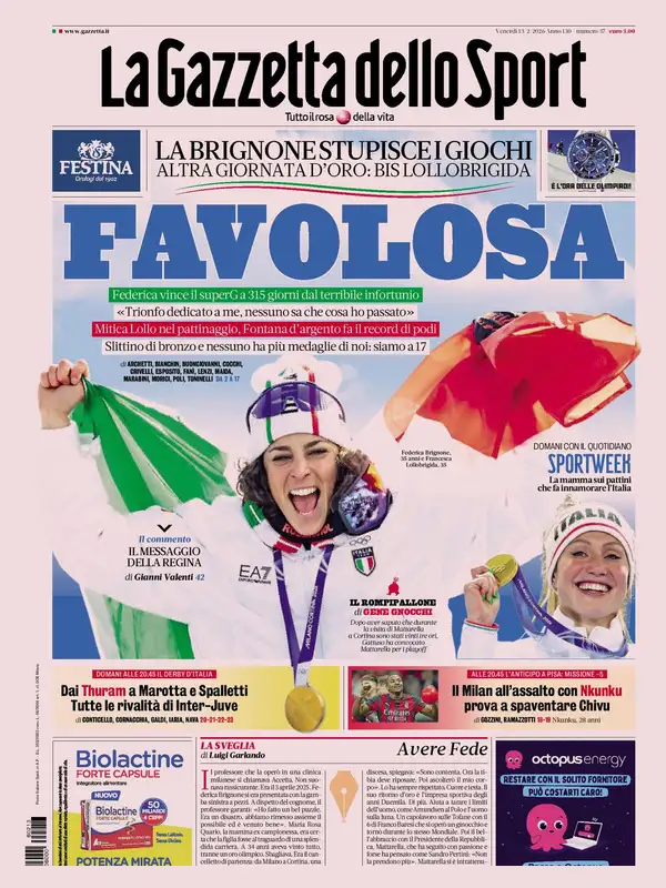 Le prime pagine dei quotidiani sportivi – 13 febbraio 2026 28 la gazzetta dello sport