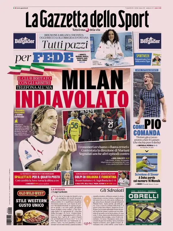 Le prime pagine dei principali quotidiani sportivi - 20 febbraio 2026 27 la gazzetta dello sport
