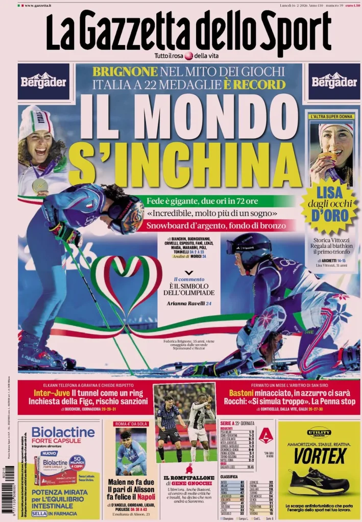 Le prime pagine dei principali quotidiani sportivi – 16 febbraio 2026 27 la gazzetta dello sport 032302xgr4lyh