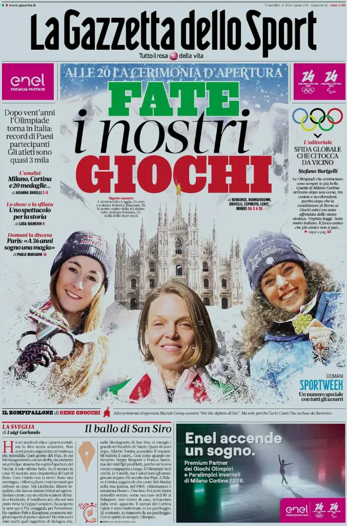 Le prime pagine dei quotidiani sportivi – 6 febbraio 2026 27 la gazzetta dello sport 074444x5t53o6