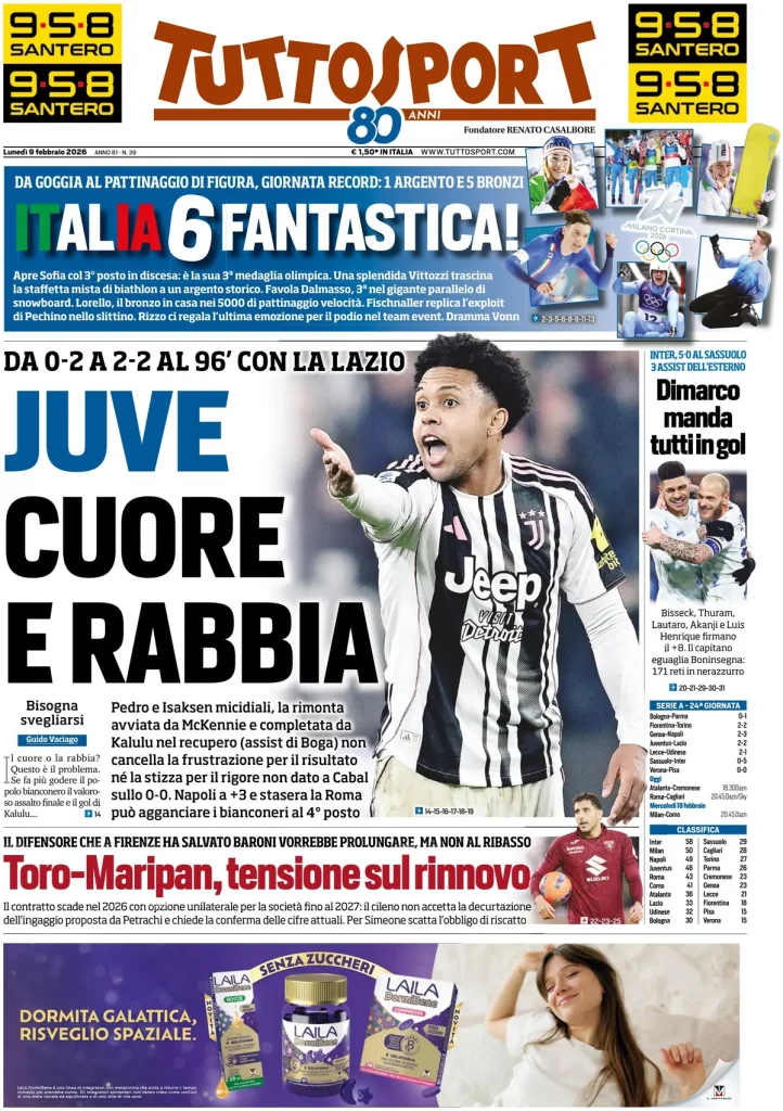 Le prime pagine dei quotidiani sportivi – 9 febbraio 2026 29 tuttosport 020441lf8aapr