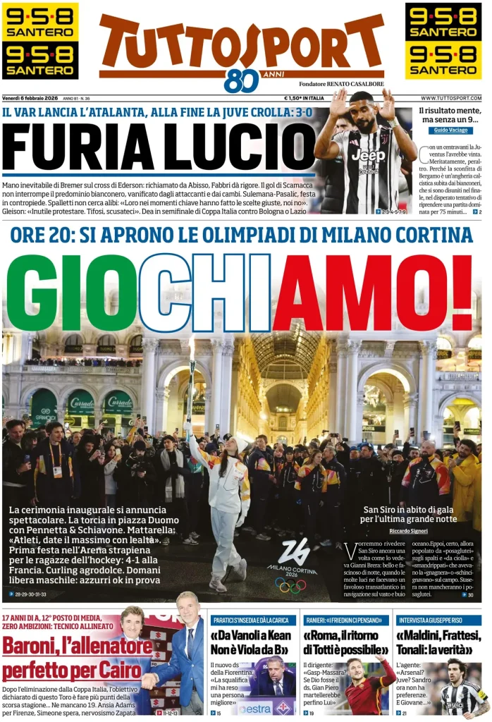 Le prime pagine dei quotidiani sportivi – 6 febbraio 2026 29 tuttosport 02045308p24m1
