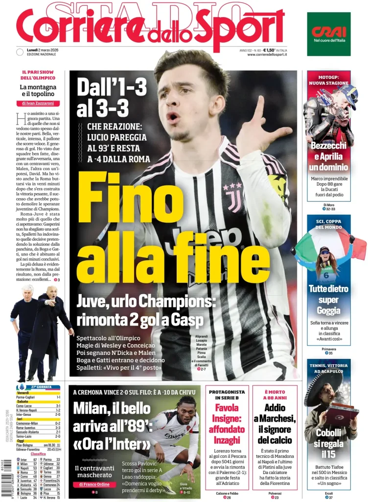 Le prime pagine dei principali quotidiani sportivi – 02 marzo 2026 28 corriere dello sport 021309c2v1lns