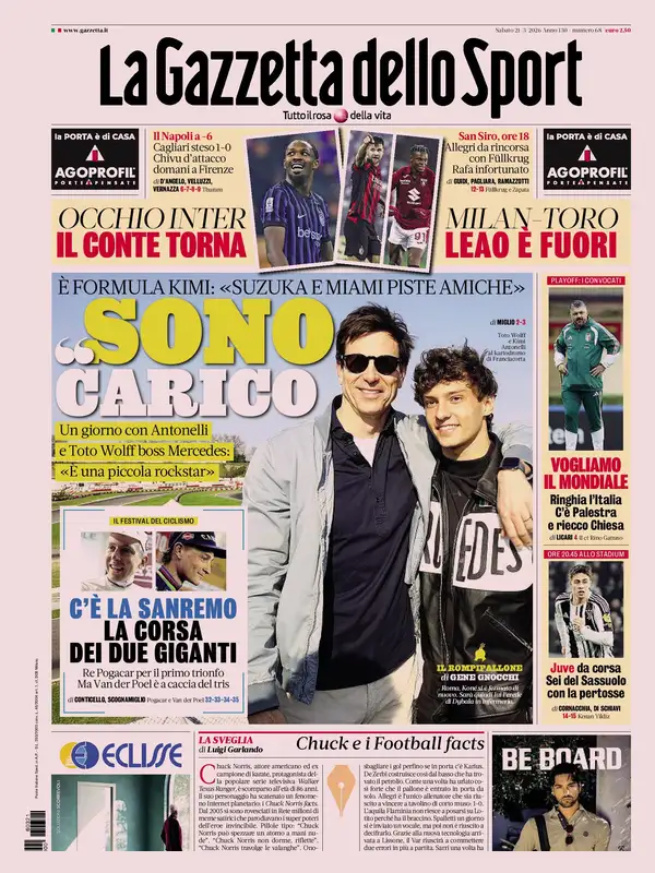 Le prime pagine dei principali quotidiani sportivi – 21 marzo 2026 27 la gazzetta dello sport