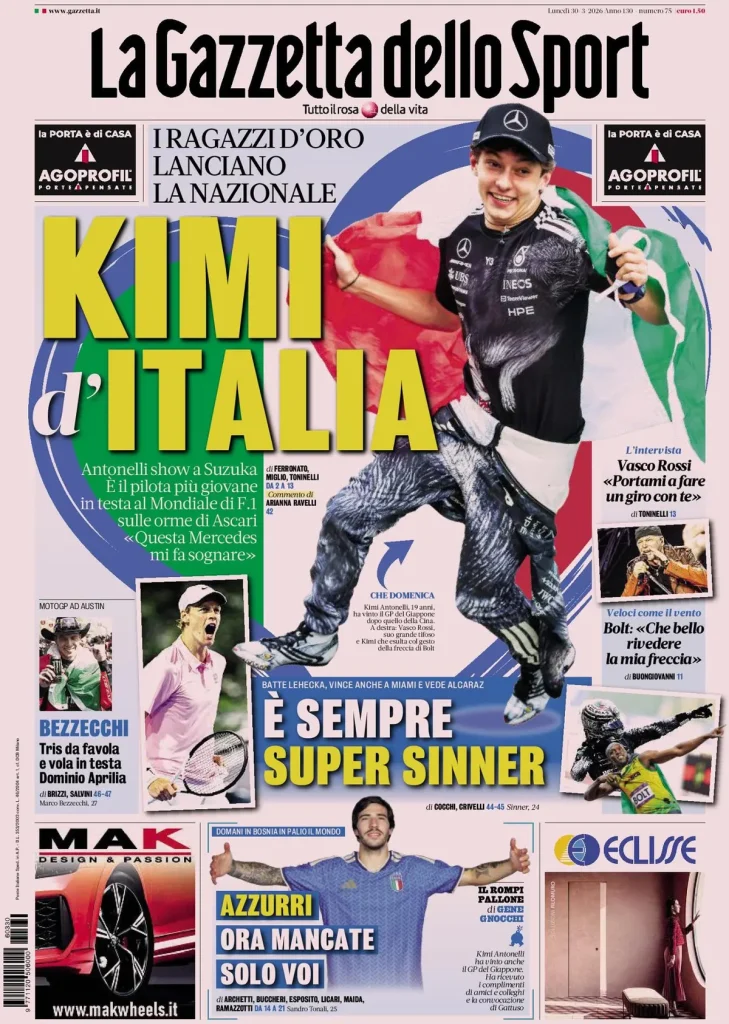 Le prime pagine dei principali quotidiani sportivi – 30 marzo 2026 27 la gazzetta dello sport 0318023jua207