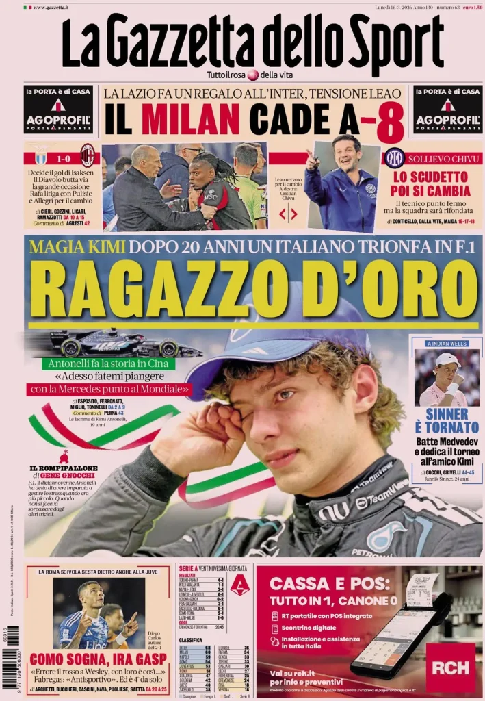 Le prime pagine dei principali quotidiani sportivi – 16 marzo 2026 27 la gazzetta dello sport 031802ku948cs