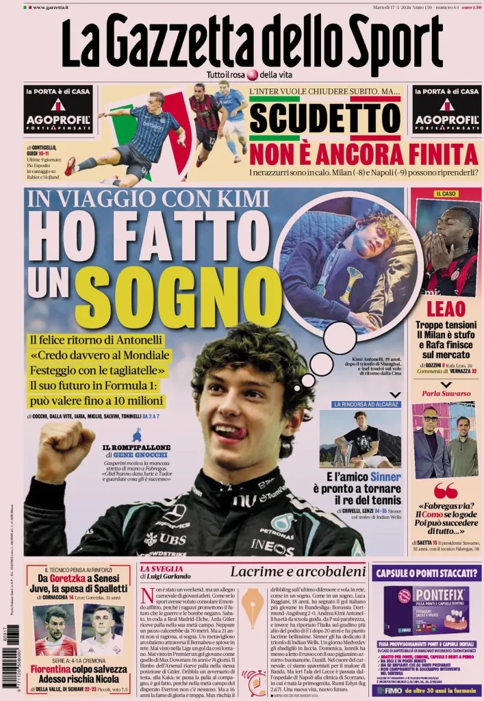 Le prime pagine dei principali quotidiani sportivi – 17 marzo 2026 27 la gazzetta dello sport 031803as1240n