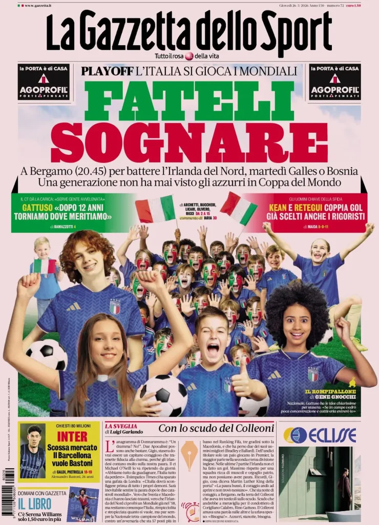Le prime pagine dei principali quotidiani sportivi – 26 marzo 2026 27 la gazzetta dello sport 032255bb4caus