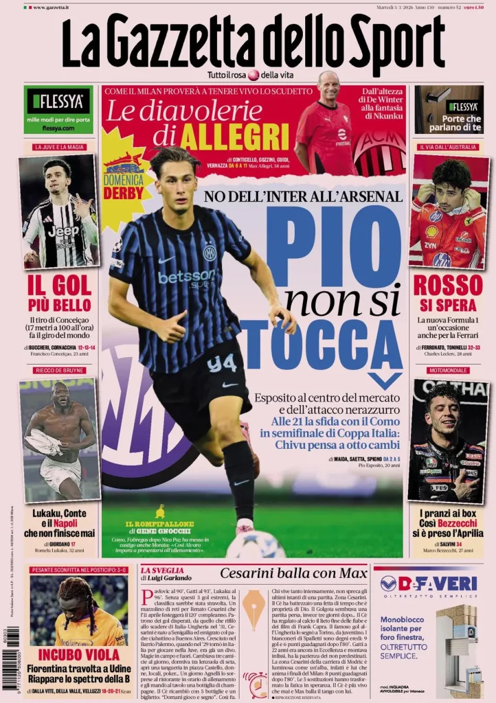 Le prime pagine dei principali quotidiani sportivi – 03 marzo 2026 27 la gazzetta dello sport 032414y5g9k8p