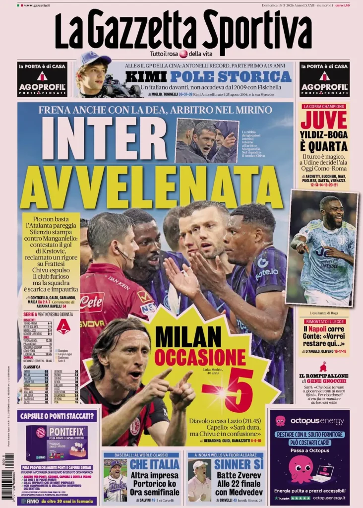 Le prime pagine dei principali quotidiani sportivi – 15 marzo 2026 27 la gazzetta dello sport 032943189e06t