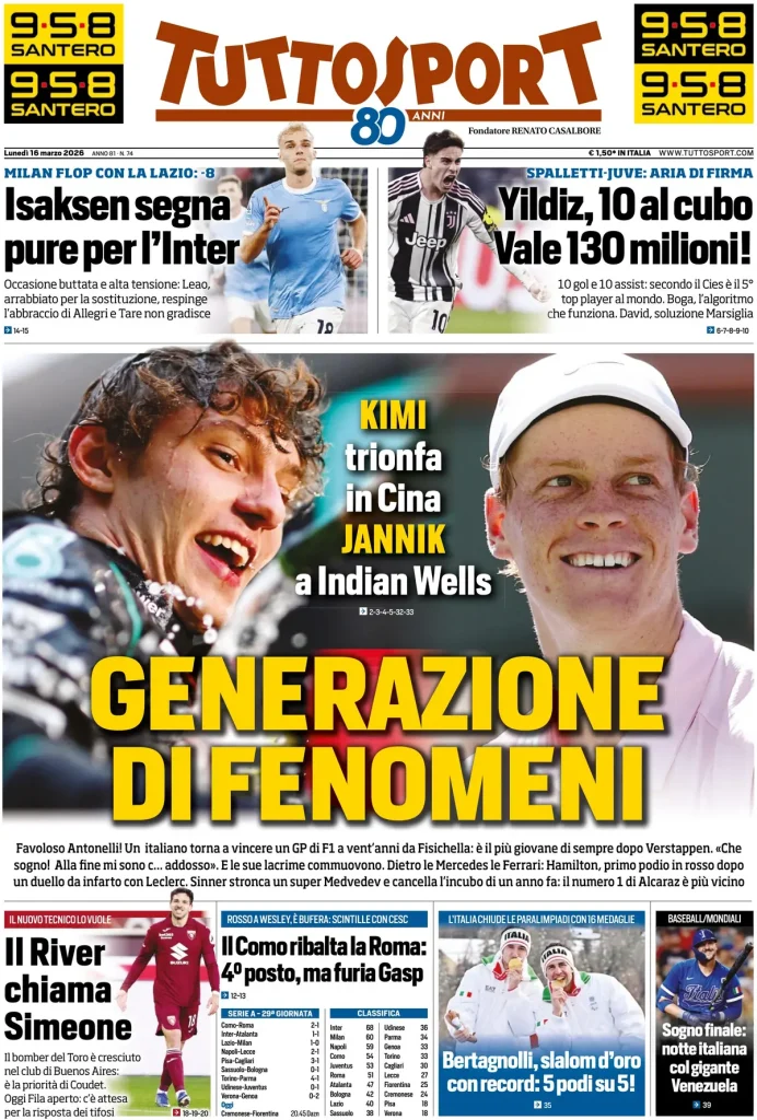 Le prime pagine dei principali quotidiani sportivi – 16 marzo 2026 28 tuttosport 020304h659siv