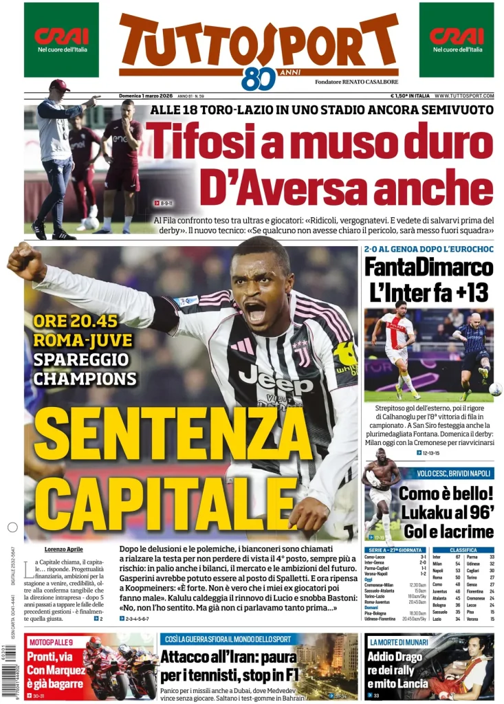 Le prime pagine dei principali quotidiani sportivi – 01 marzo 2026 29 tuttosport 020803a2w9fum