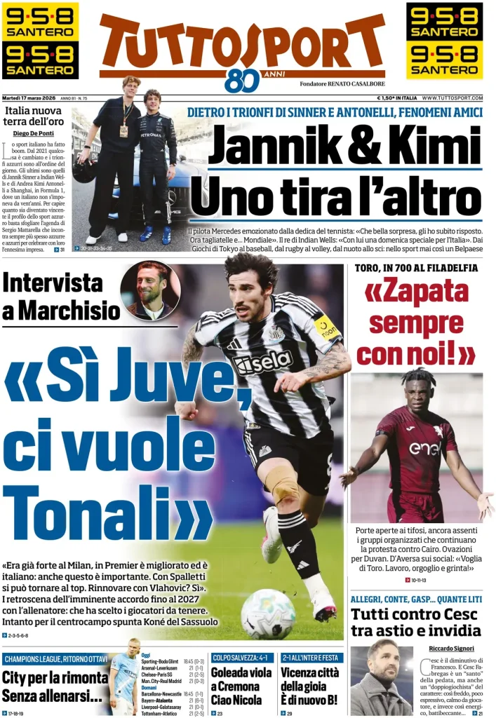 Le prime pagine dei principali quotidiani sportivi – 17 marzo 2026 28 tuttosport 021034asgl9b5