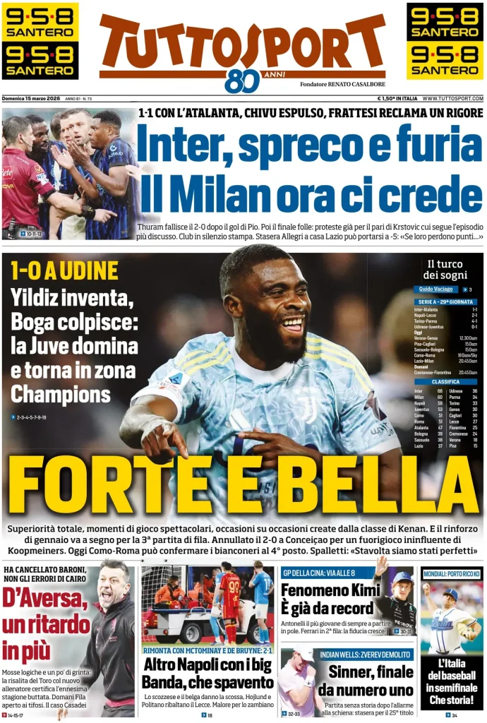 Le prime pagine dei principali quotidiani sportivi – 15 marzo 2026 29 tuttosport 0215249x31jud