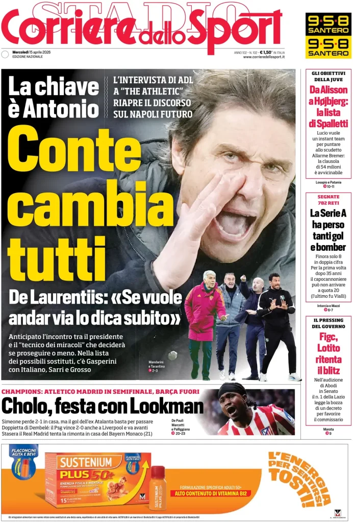 Le prime pagine dei quotidiani sportivi – 15 aprile 2026 28 corriere dello sport 020307ksr8ati