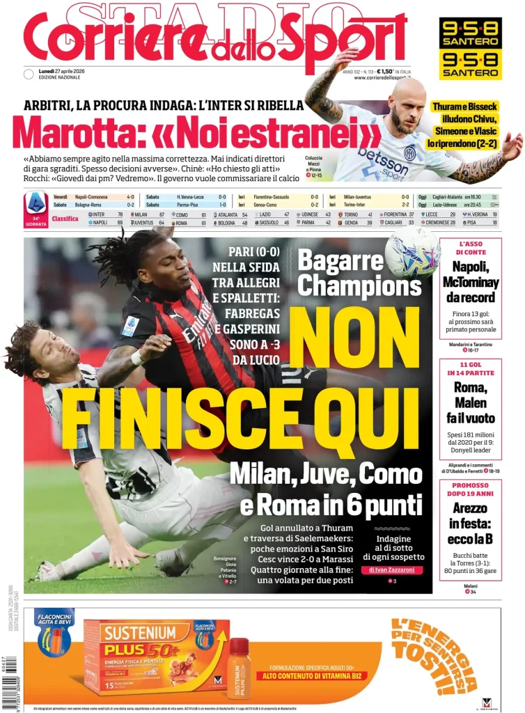 Le prime pagine dei quotidiani sportivi – 27 aprile 2026 28 corriere dello sport 020307ndkago0