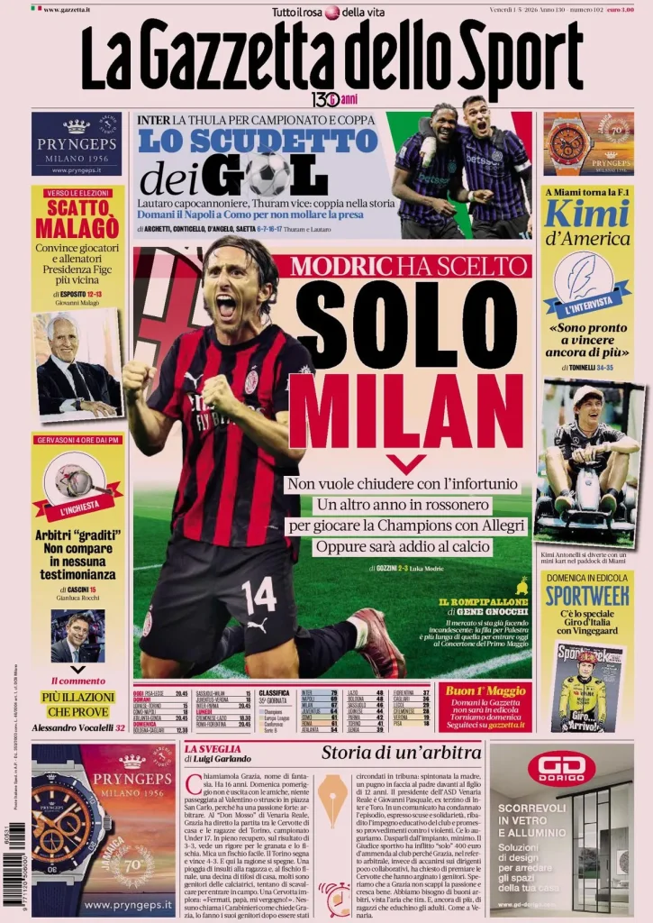 Le prime pagine dei quotidiani sportivi – 01 maggio 2026 27 la gazzetta dello sport 031632jtta7jd