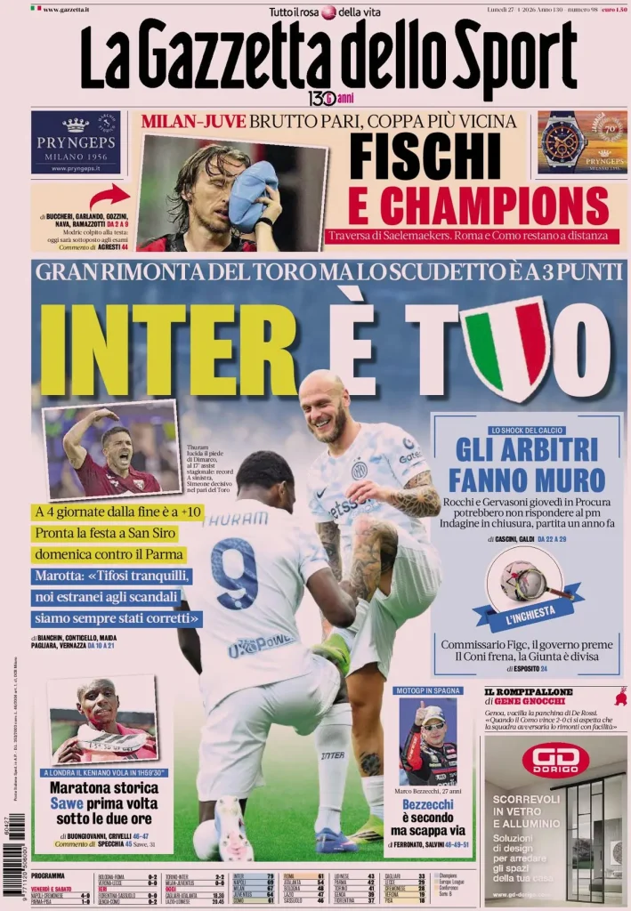 Le prime pagine dei quotidiani sportivi – 27 aprile 2026 27 la gazzetta dello sport 040235yaf5ey2