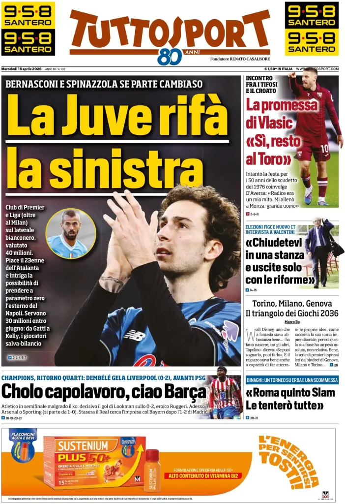 Le prime pagine dei quotidiani sportivi – 15 aprile 2026 29 tuttosport 020302ja2f0dg