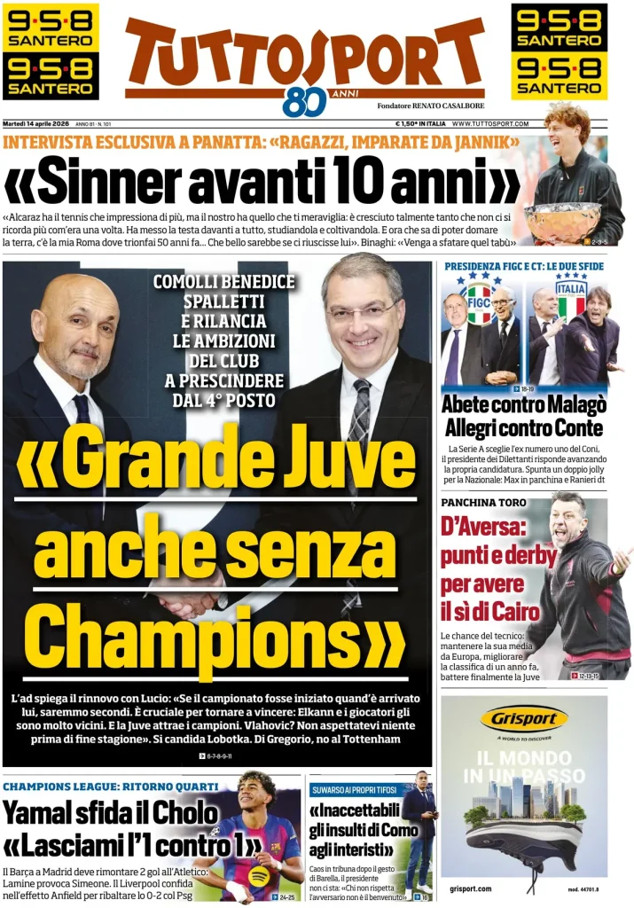 Le prime pagine dei quotidiani sportivi – 14 aprile 2026 29 tuttosport 02030379ev5ey
