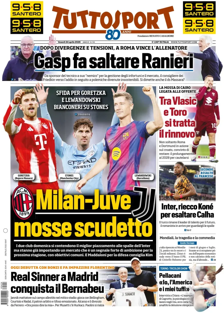 Le prime pagine dei quotidiani sportivi – 24 aprile 2026 29 tuttosport 021634mzwcopi