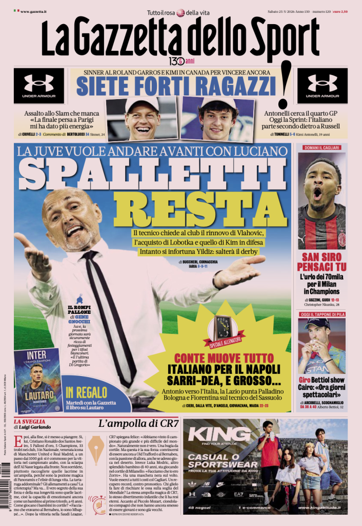 Le prime pagine dei quotidiani sportivi – 23 maggio 2026 2 Screenshot 2026 05 23 alle 08.50.29