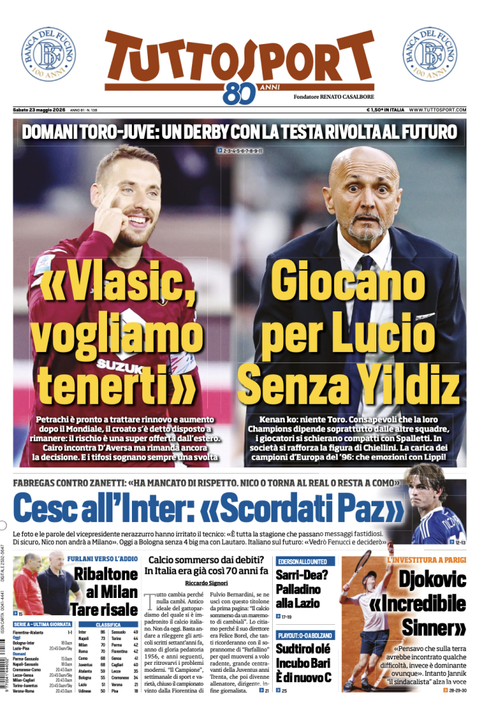 Le prime pagine dei quotidiani sportivi – 23 maggio 2026 4 Screenshot 2026 05 23 alle 08.50.51