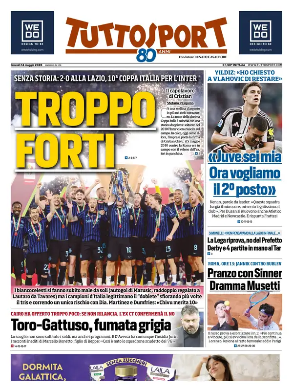 Le prime pagine dei quotidiani sportivi – 14 maggio 2026 27 tuttosport
