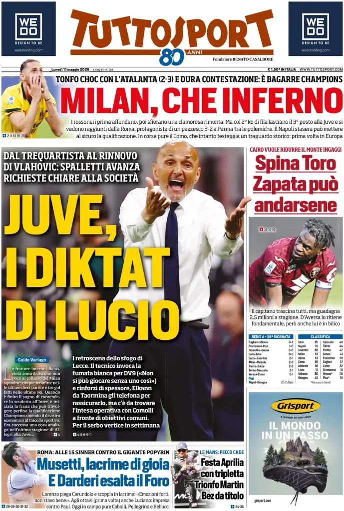 Le prime pagine dei quotidiani sportivi – 11 maggio 2026 29 tuttosport 020722hxq4mkg