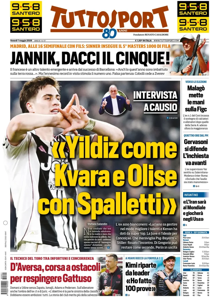 Le prime pagine dei quotidiani sportivi – 01 maggio 2026 29 tuttosport 021139xsx160c