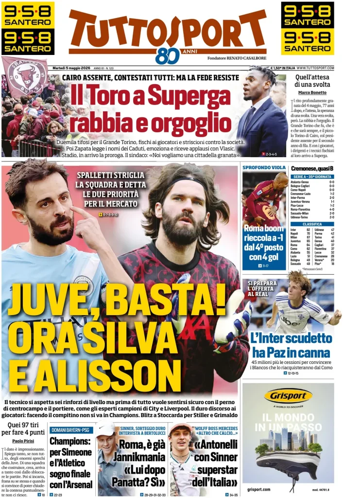 Le prime pagine dei quotidiani sportivi – 05 maggio 2026 29 tuttosport 0350273j6edno
