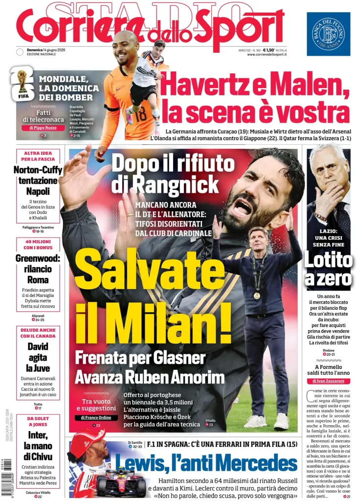 Le prime pagine dei quotidiani sportivi – 14 giugno 2026 3 corriere dello sport 033439b4f9k06