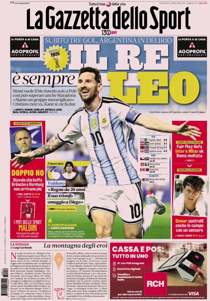 Le prime pagine dei quotidiani sportivi – 18 giugno 2026 2 la gazzetta dello sport 033154dq64g72