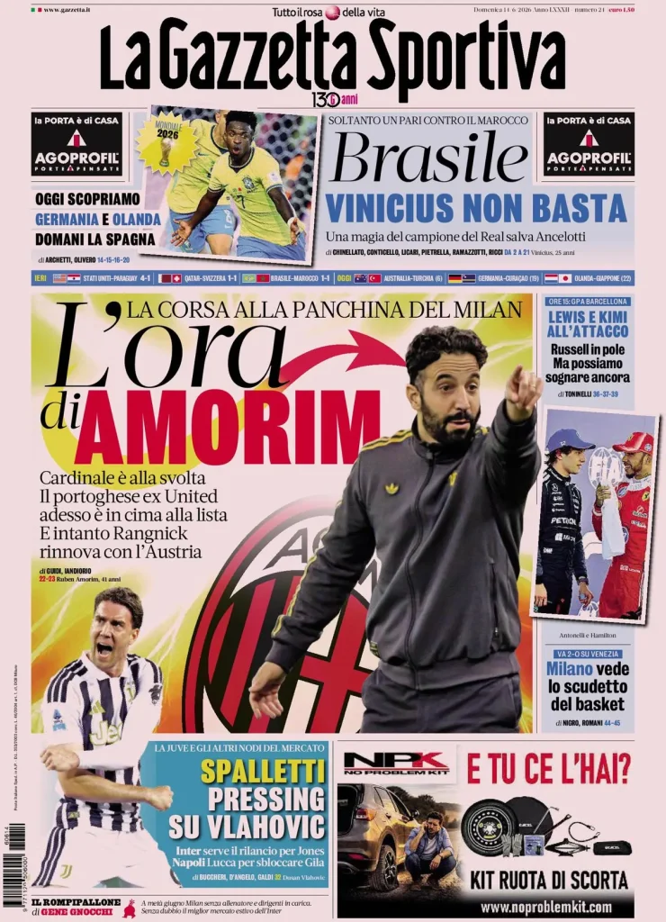 Le prime pagine dei quotidiani sportivi – 14 giugno 2026 2 la gazzetta dello sport 033426l65c8kf