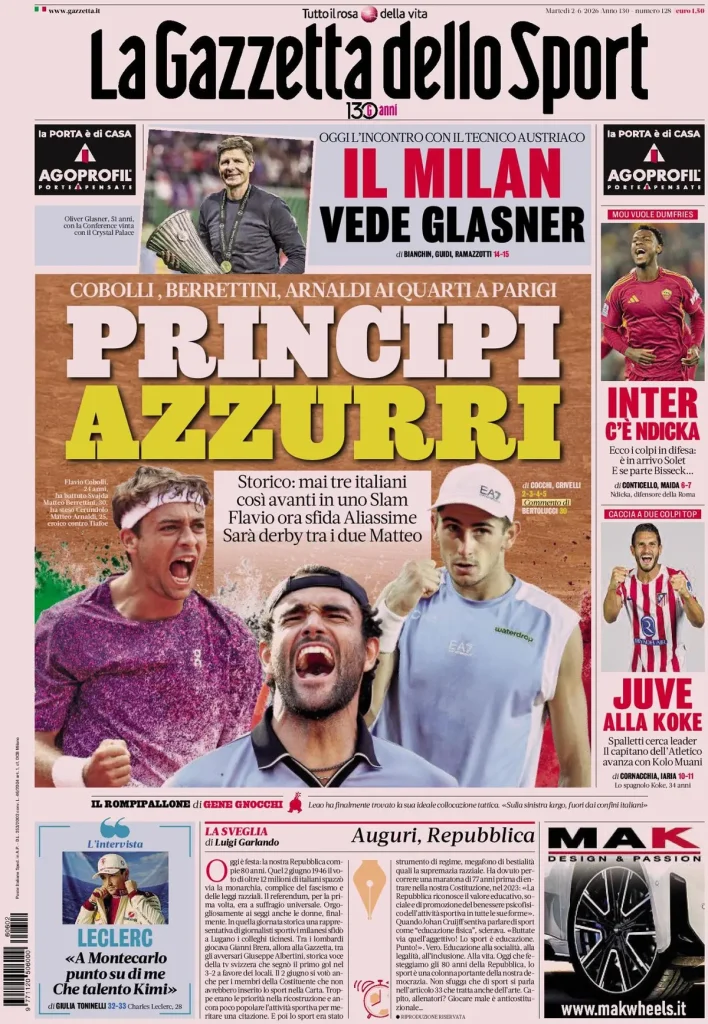 Le prime pagine dei quotidiani sportivi – 01 giugno 2026 2 la gazzetta dello sport 033719jma8d6b